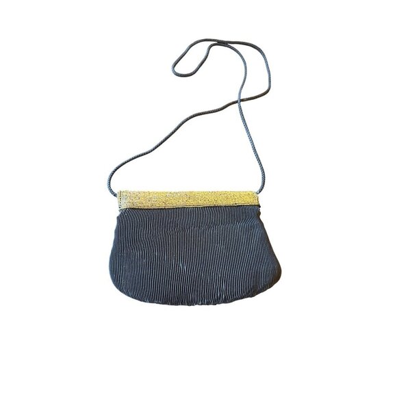 Vintage Black Evening Clutch With Gold Beaded Detail & Magnetic Snap Closure - Picture 5 of 5